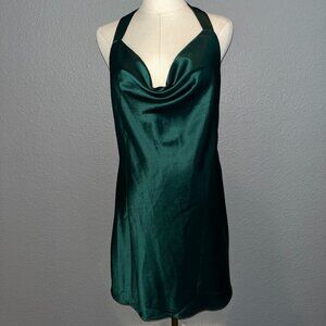 CANTON WALKER Emerald Green Satin Halter Backless Back Bow Mini Slip Dress - M
